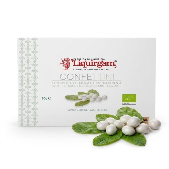 Confettini con ripieno di liquirizia biologica  ed essenza di menta